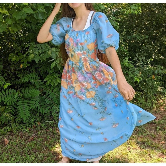 Vintage Maxi Dress S Blue Floral 60s 70s Long Boho Hippie Deha of Sweden Prom - Picture 4 of 16